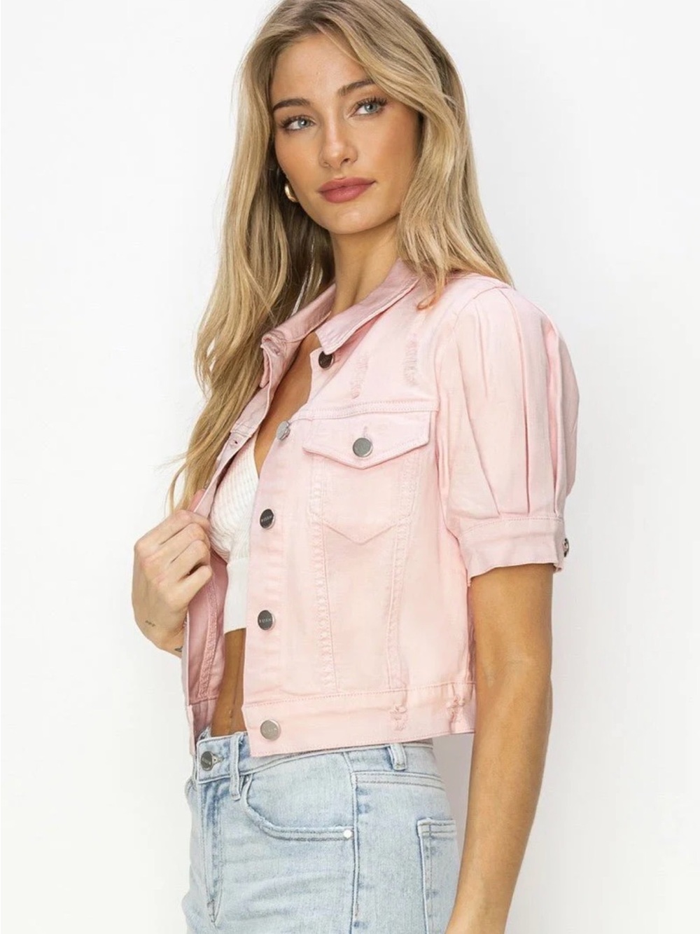 Risen Pink Distressed Puff Sleeve Cropped Denim Jacket sz Meduim